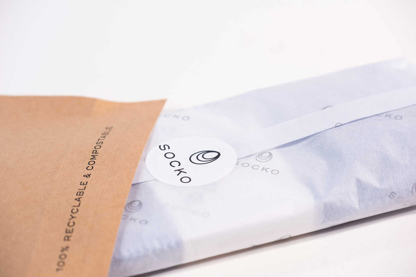 Single pair of Socko socks wrapped in plastic free packaging
