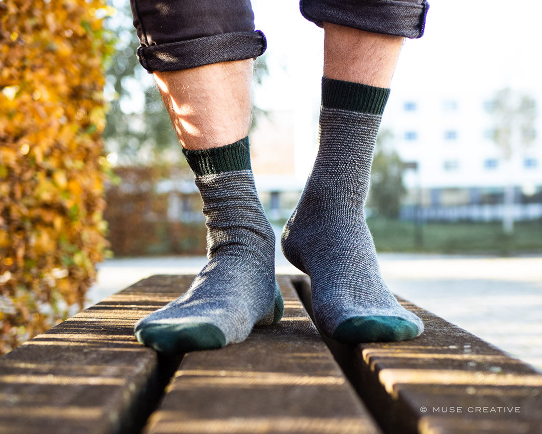Recycled socks, unisex green and grey fine striped, made in the UK